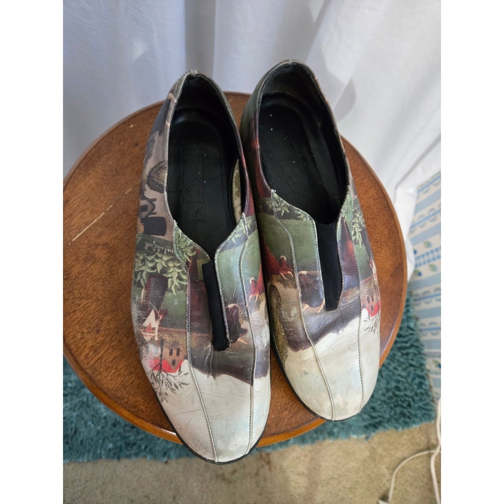 Vintage ICON Leather Art Scene Loafers Landscape Print Slip On Shoes Womens
